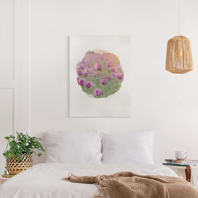 Poppy canvas wall art WaterColours - Violet Poppy Flowers Meadow In Spring