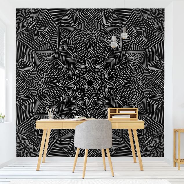 Contemporary wallpaper Mandala Star Pattern Silver Black