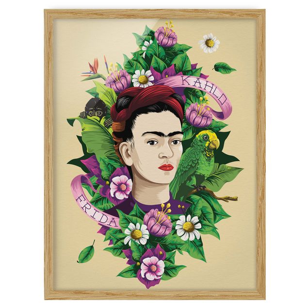 Prints animals Frida Kahlo - Frida, Monkey And Parrot