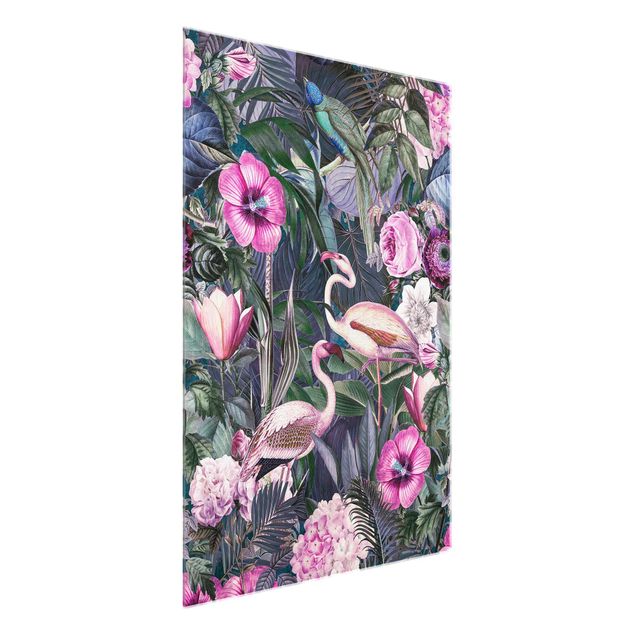 Glass prints flower Colourful Collage - Pink Flamingos In The Jungle