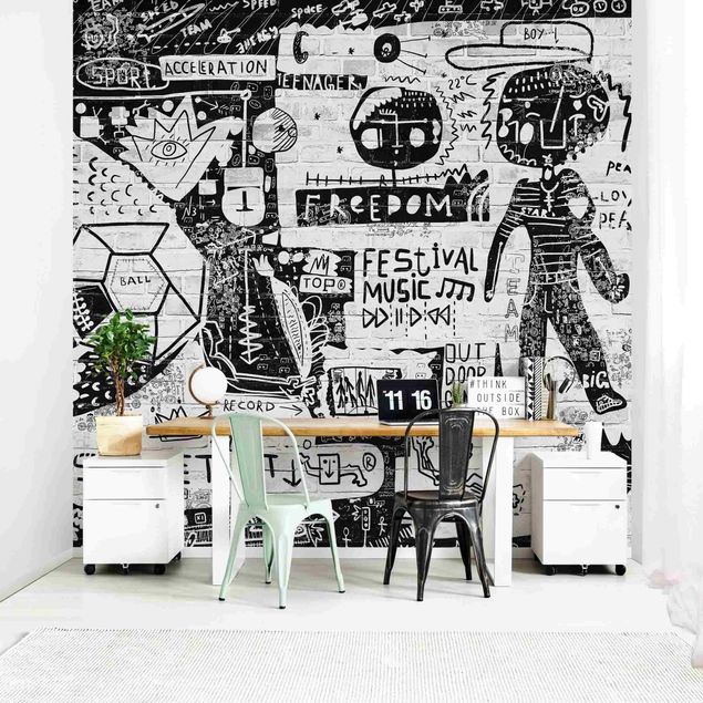 Brick effect wallpaper Abstract Graffiti Art Black And White