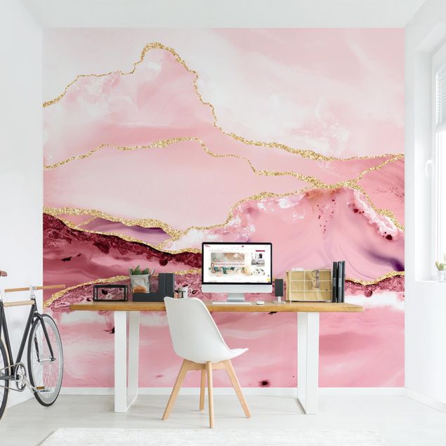 Kitchen Abstract Mountains Pink With Golden Lines