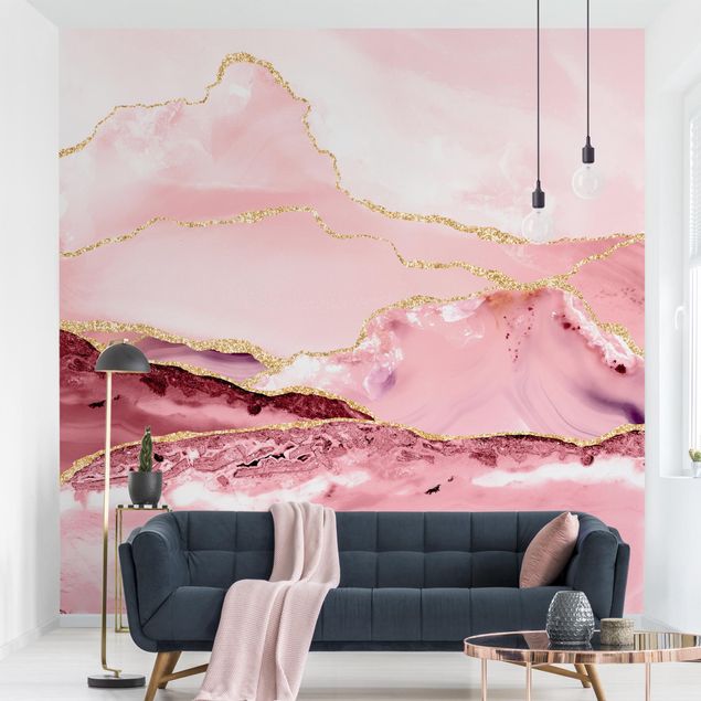 Contemporary wallpaper Abstract Mountains Pink With Golden Lines
