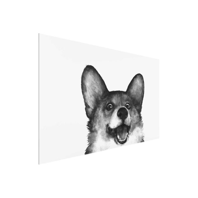 Glass prints black and white Illustration Dog Corgi Black And White Painting