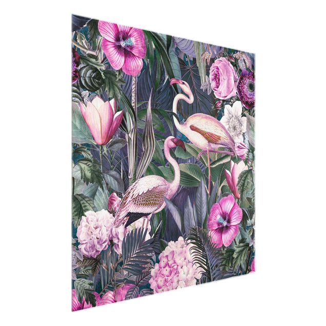 Glass prints flower Colourful Collage - Pink Flamingos In The Jungle