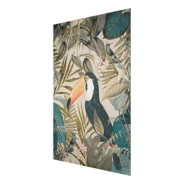 Turquoise canvas wall art Vintage Collage - Toucan In The Jungle