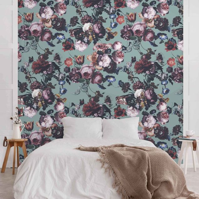 Retro wallpaper Old Masters Flowers With Tulips And Roses On Blue