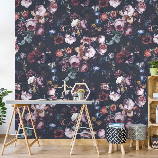 Retro wallpaper Old Masters Flowers With Tulips And Roses On Dark Gray
