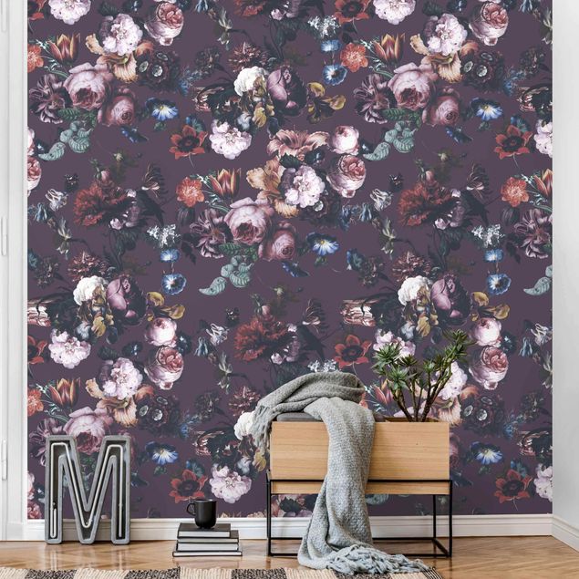 Red rose wallpaper Old Masters Flowers With Tulips And Roses On Purple