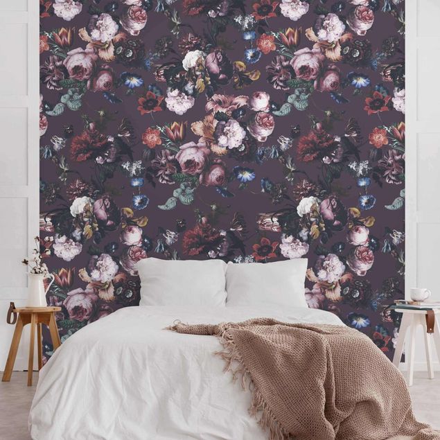 Floral wallpaper Old Masters Flowers With Tulips And Roses On Purple