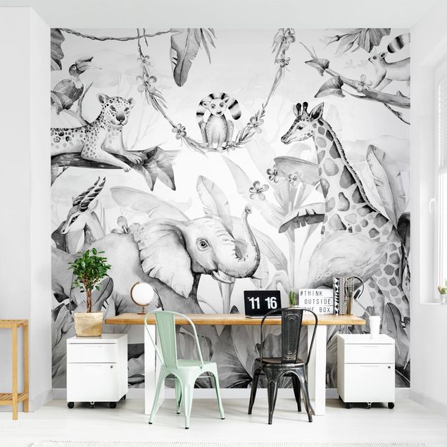 Kids room decor Watercolour Africa Animals Black And White
