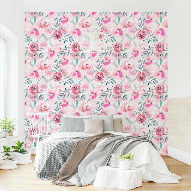 Floral wallpaper Watercolour Flowers Pink With Blue Leaves