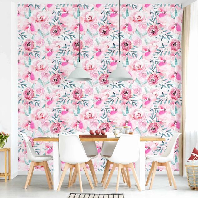 Contemporary wallpaper Watercolour Flowers Pink With Blue Leaves