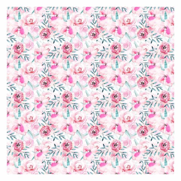 Pink aesthetic wallpaper Watercolour Flowers Pink With Blue Leaves