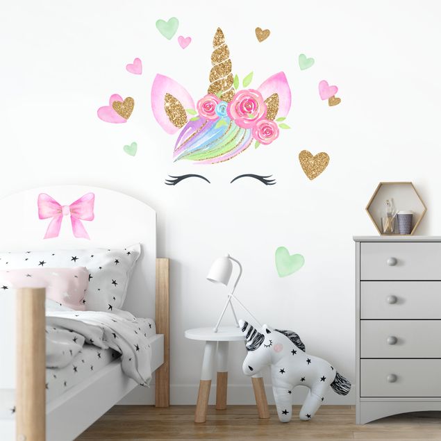 Wall stickers animals Watercolor unicorn gold glitter flowers