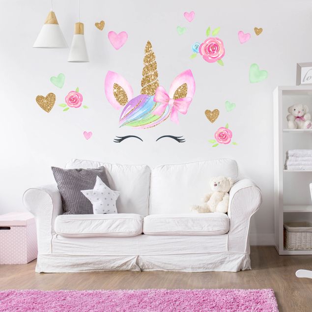 Wall stickers love Watercolor unicorn gold glitter flowers
