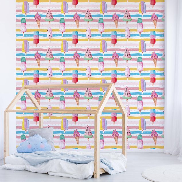 Striped wallpaper Watercolour Ice Cream With Dots
