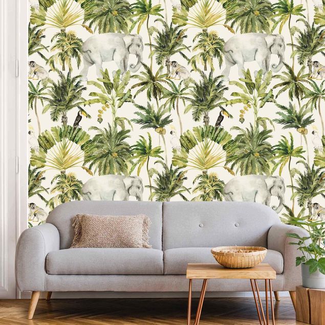 Floral wallpaper Watercolour Elephant And Palm Pattern