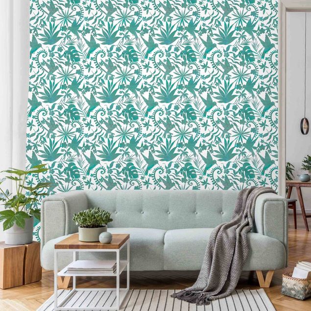 Kitchen Watercolour Hummingbird And Plant Silhouettes Pattern In Turquoise