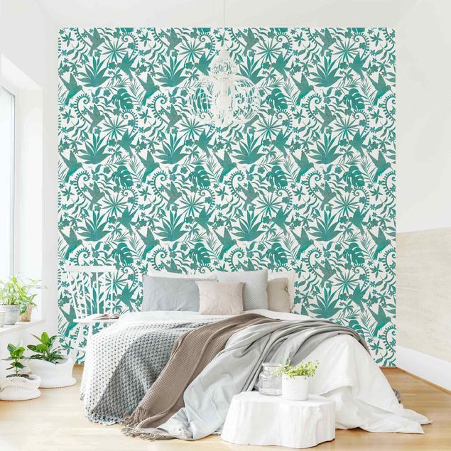 Wallpapers flower Watercolour Hummingbird And Plant Silhouettes Pattern In Turquoise
