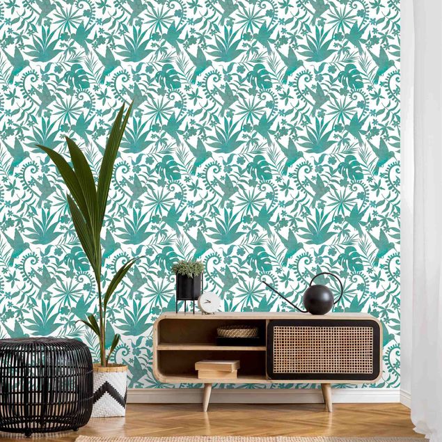 Wallpapers animals Watercolour Hummingbird And Plant Silhouettes Pattern In Turquoise