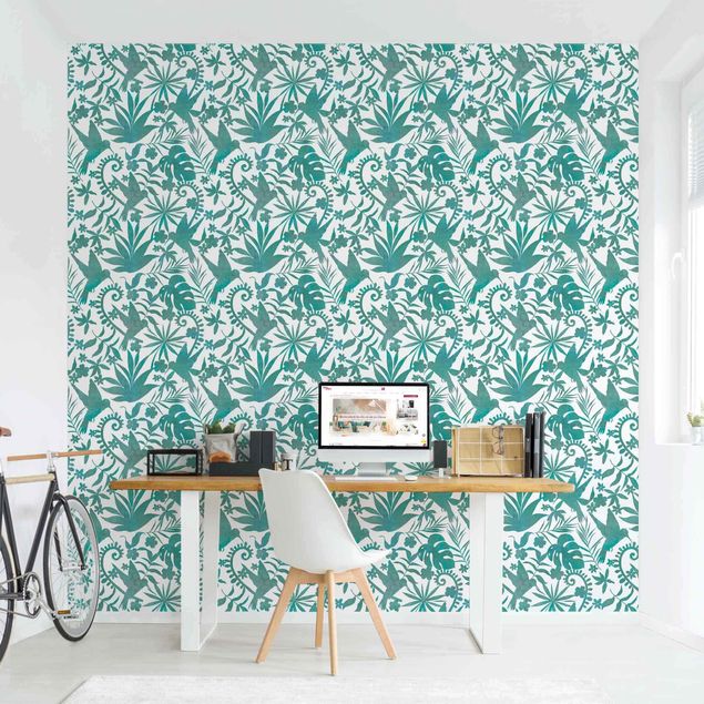 Wallpapers modern Watercolour Hummingbird And Plant Silhouettes Pattern In Turquoise