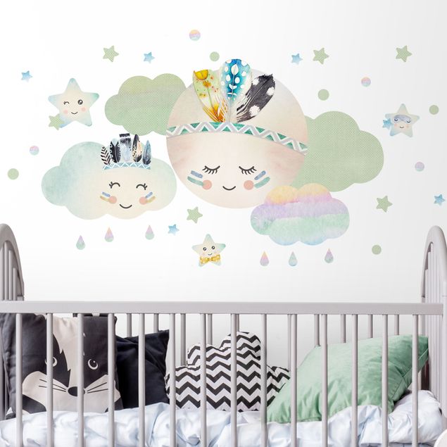 Nursery decoration Watercolor Moon Clouds Star Feathers