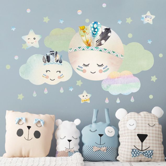 Universe wall stickers Watercolor Moon Clouds Star Feathers