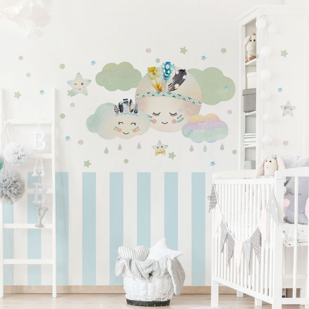 Wall decal Watercolor Moon Clouds Star Feathers