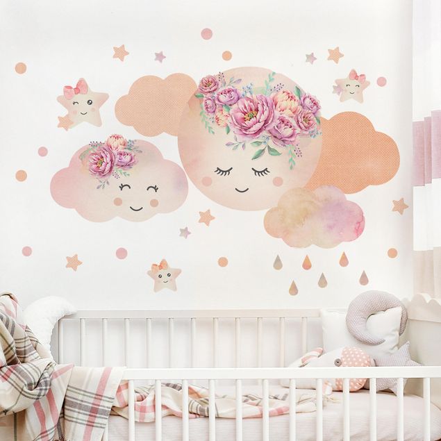 Nursery decoration Watercolor moon clouds and stars with roses