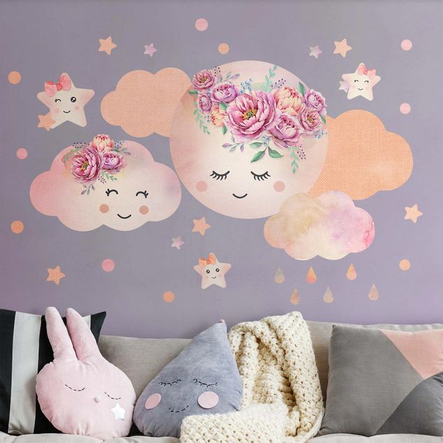 Universe wall stickers Watercolor moon clouds and stars with roses