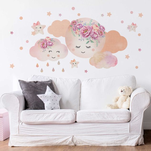 Wall stickers Watercolor moon clouds and stars with roses
