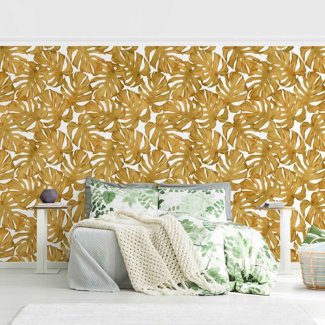 Floral wallpaper Watercolour Monstera Leaves In Gold