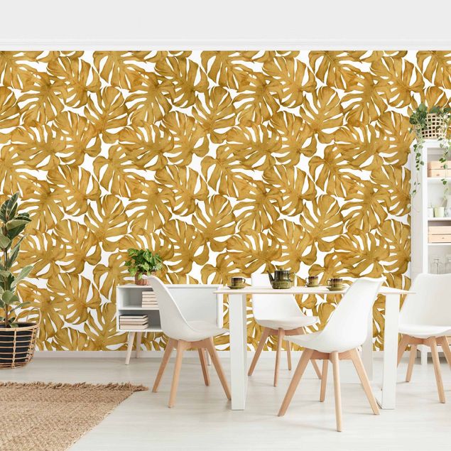 Contemporary wallpaper Watercolour Monstera Leaves In Gold