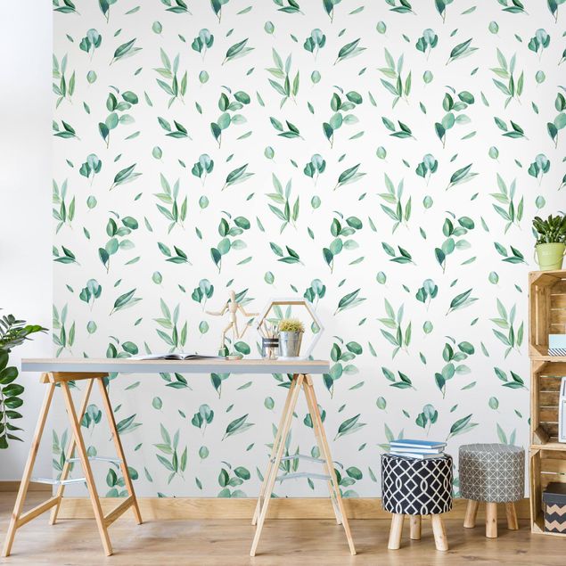 Kitchen Watercolor Pattern Leaves And Eucalyptus