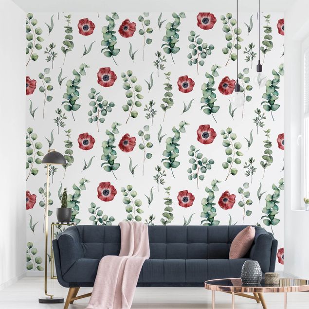 Floral wallpaper Watercolor Pattern Eucalyptus And Flowers