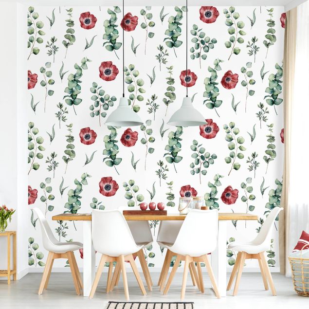 Contemporary wallpaper Watercolor Pattern Eucalyptus And Flowers
