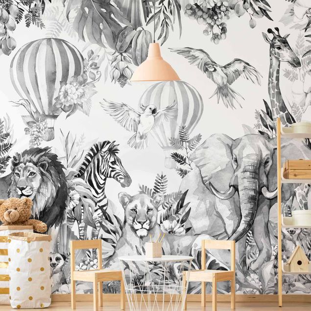 Kids room decor Watercolour Animals Of The Savannah Black And White