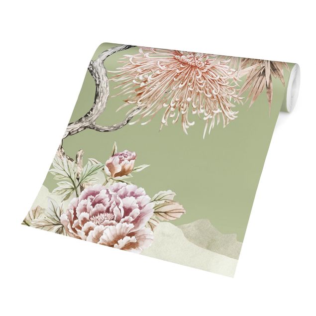Wallpapers animals Watercolour Storks In Flight With Flowers On Green