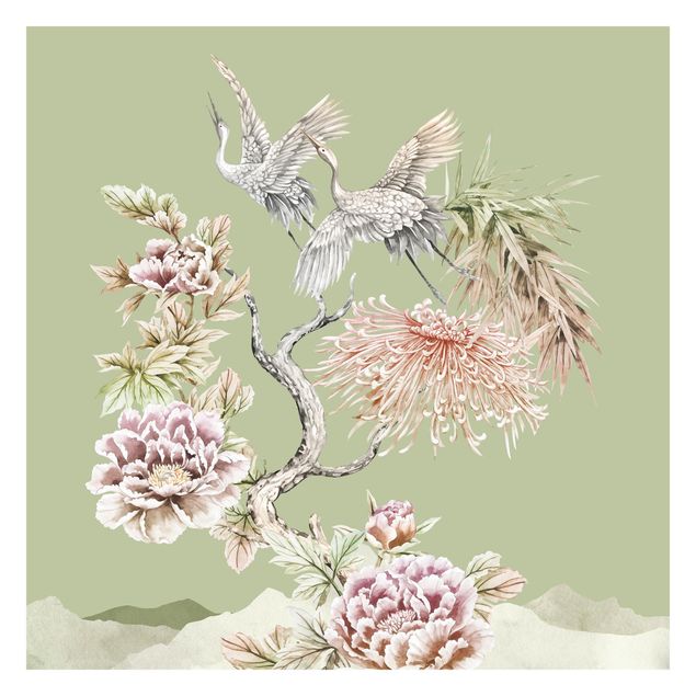 Contemporary wallpaper Watercolour Storks In Flight With Flowers On Green