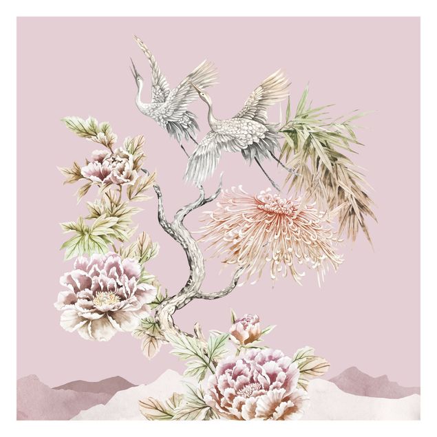Modern wallpaper designs Watercolour Storks In Flight With Flowers On Pink