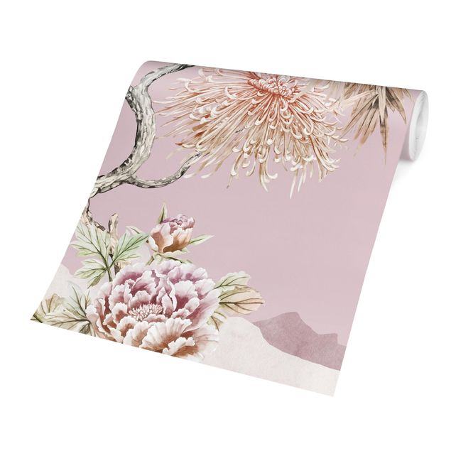 Wallpapers animals Watercolour Storks In Flight With Flowers On Pink