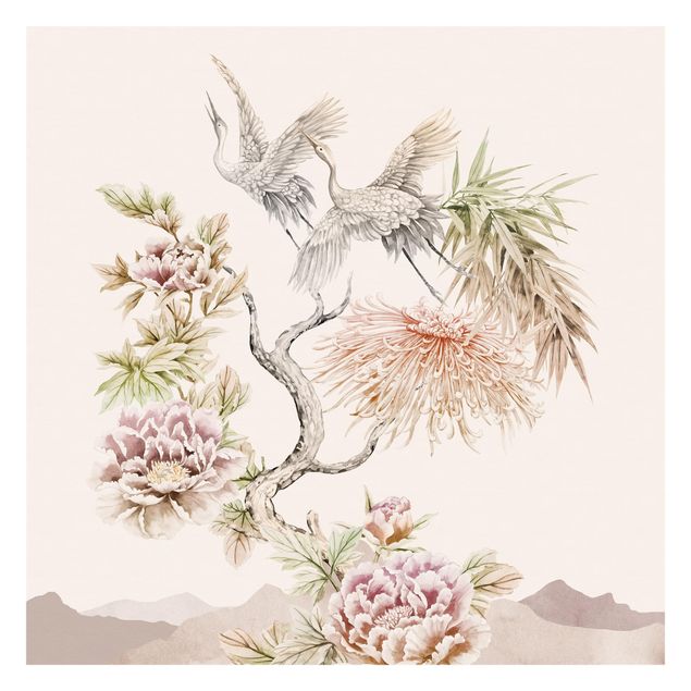 Contemporary wallpaper Watercolour Storks In Flight With Flowers