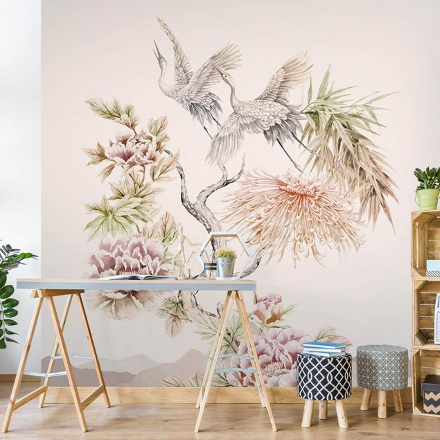 Floral wallpaper Watercolour Storks In Flight With Flowers