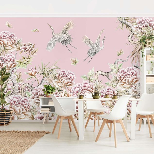 Wallpapers flower Watercolour Storks In Flight With Roses On Pink