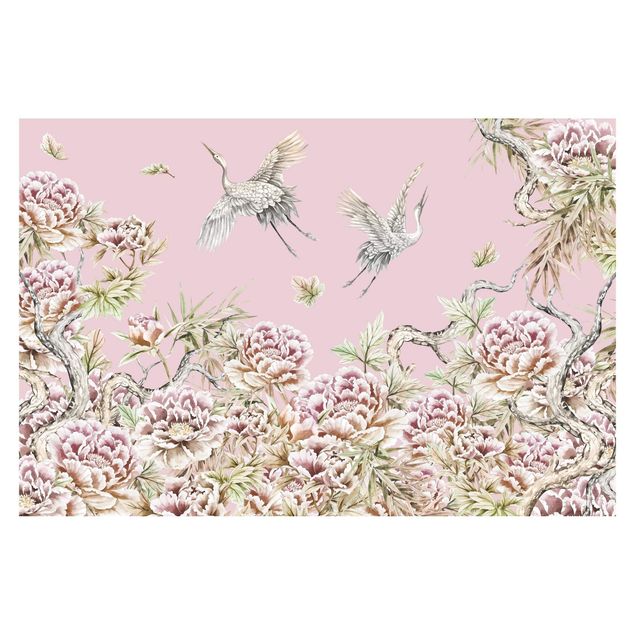 Modern wallpaper designs Watercolour Storks In Flight With Roses On Pink