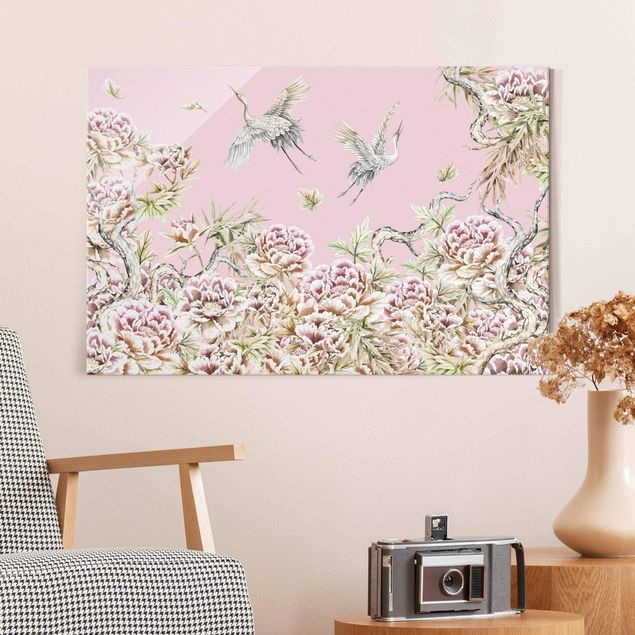 Glass prints rose Watercolour Storks In Flight With Roses On Pink