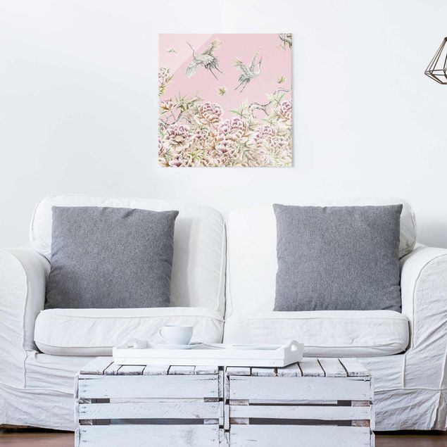 Glass prints flower Watercolour Storks In Flight With Roses On Pink
