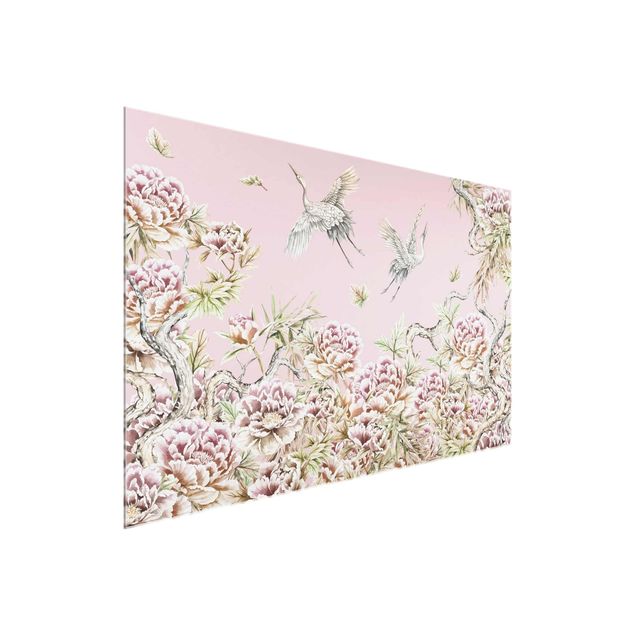 Flower print Watercolour Storks In Flight With Roses On Pink