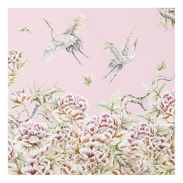 Prints flower Watercolour Storks In Flight With Roses On Pink